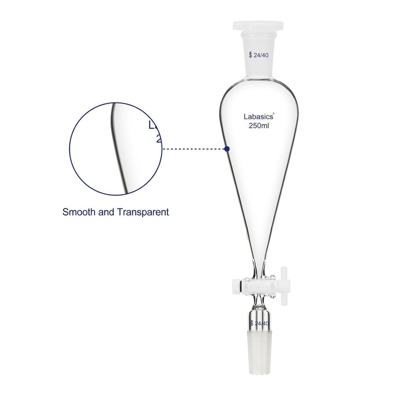 Labasics 250 ml Conical Pear-Shaped Separatory Funnel with PTFE Stopcock, Heavy Wall Borosilicate Glass with 24/40 Joints - Image 2